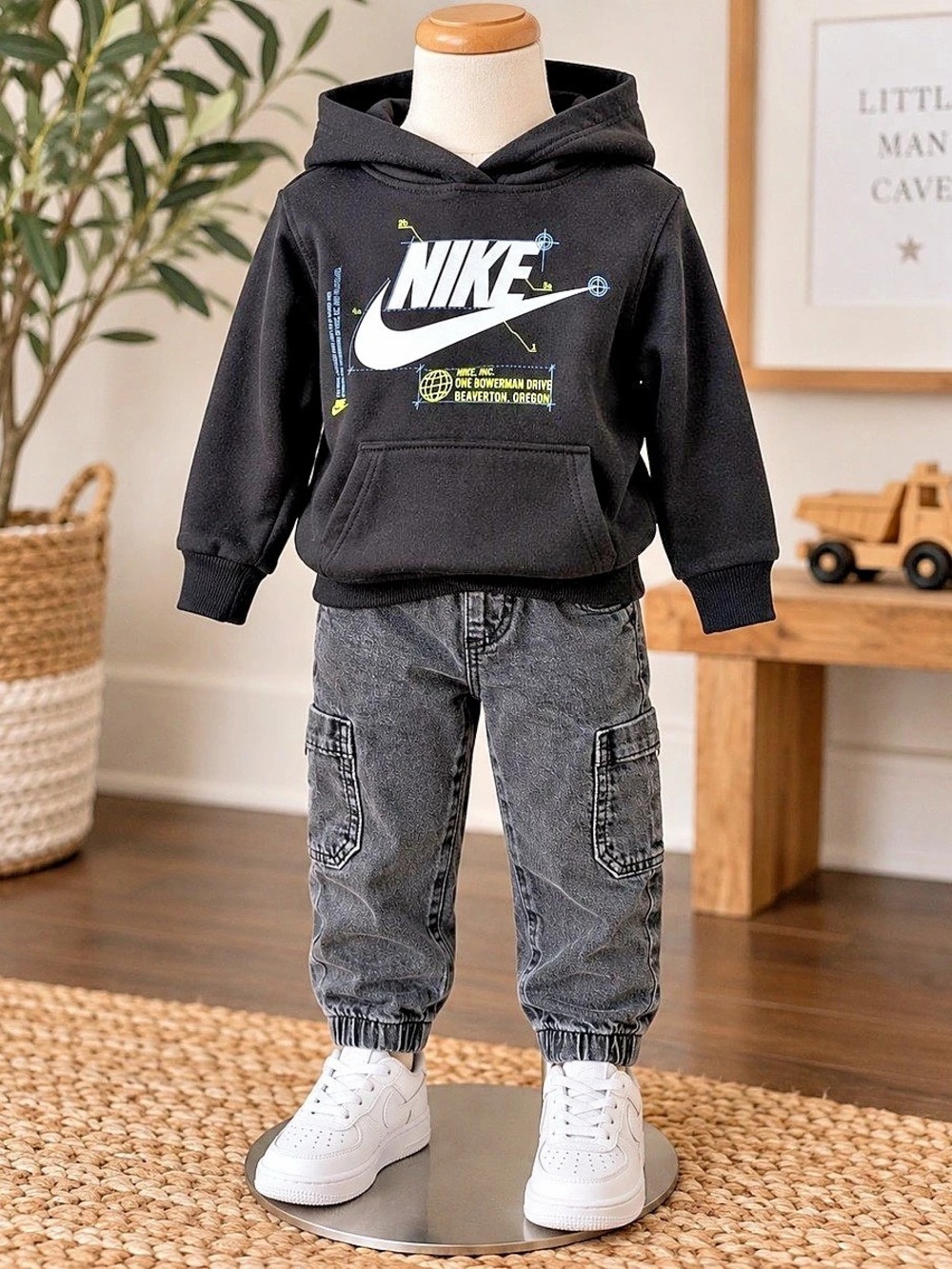Nike Graphic Hoodie and Cargo Jogger Outfit Set Black & Gray Boys 3T
